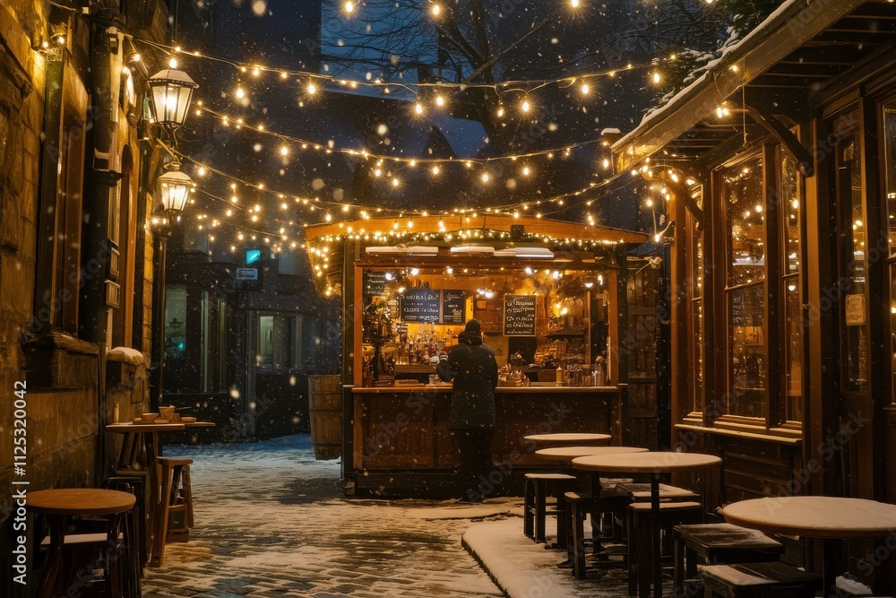 Cozy Christmas Market Scene with Vendor Serving Mulled Wine Under Canopy of Lights Framed by Soft Glow of Street Lamps and Whimsical Winter Snowfall Cozy Christmas Market Scene with Vendor Serving Mulled Wine Under Canopy of Lights Framed by Soft Glow of Street Lamps and Whimsical Winter Snowfall