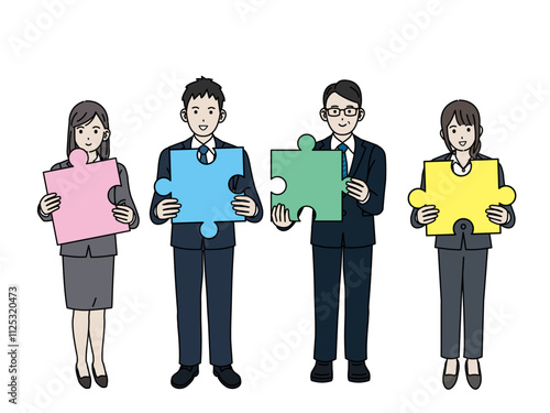 ジグソーパズルを持つビジネスパーソンのイラスト	