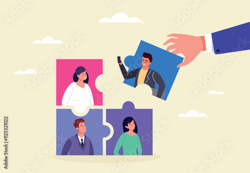 New employee puzzle. HR manager businessman leader hand join connect new employee to company office team, colleague jigsaw piece welcome job onboarding concept vector illustration