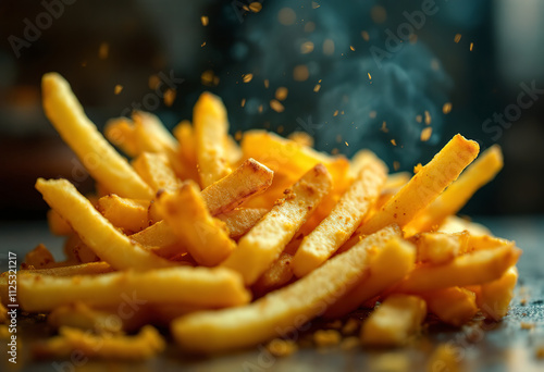 A cinematic shot of a handful of french fries