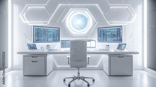 2025 vision of a digital nomad workspace with advanced laptops, holographic screens, and ergonomic setups, isolated on a seamless white background