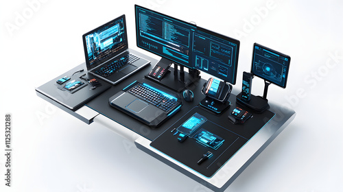 2025 vision of a digital nomad workspace with advanced laptops, holographic screens, and ergonomic setups, isolated on a seamless white background