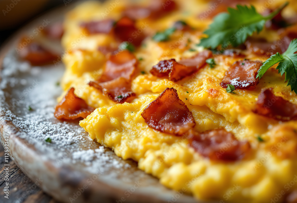 A close-up image of a thick, golden-brown omelette or frittata filled with slices of cooked bacon or ham A close-up image of a thick, golden-brown omelette or frittata filled with slices of cooked bacon or ham