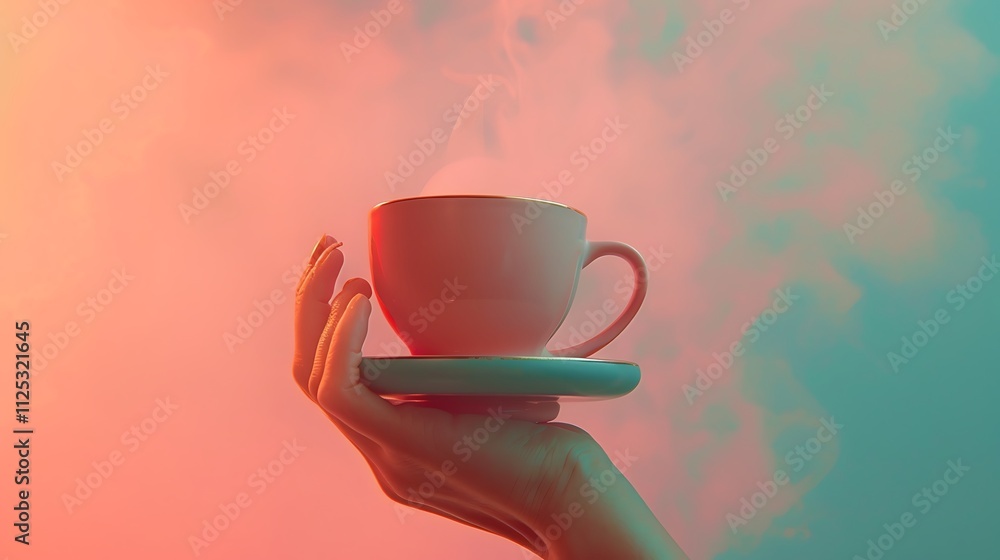 A hand holding a steaming cup of coffee with a light background of soft colors A hand holding a steaming cup of coffee with a light background of soft colors