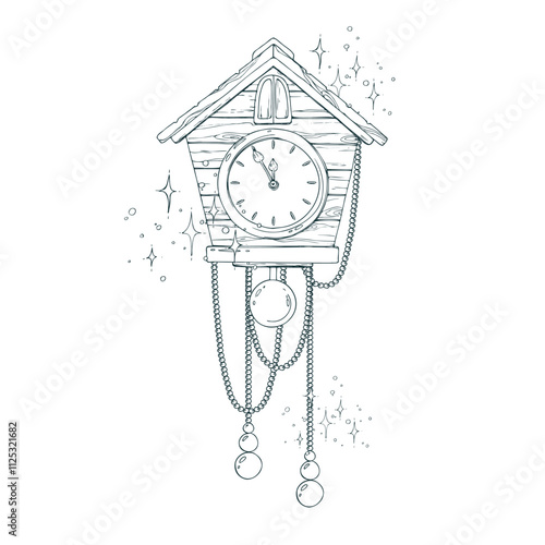 Wooden clock with a pendulum in the form of a house with beads. Line art is a simple hand-drawn illustration in black and white ink. Composition arrangement vector EPS. Christmas, New Year