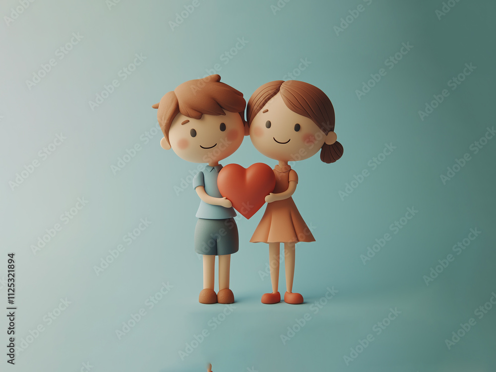 3D render of a cute couple holding a heart in hands 3D render of a cute couple holding a heart in hands