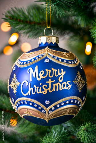 close up of a ornate blue bauble with the writing Merry Christmas