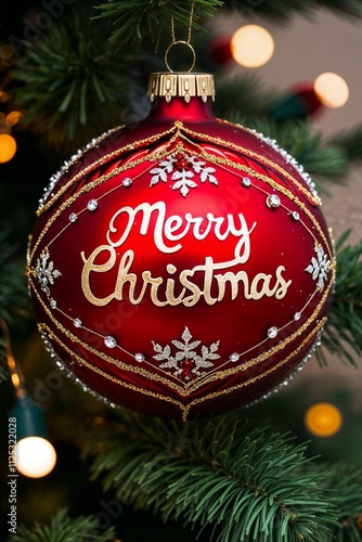 close up of a ornate red bauble with the writing Merry Christmas