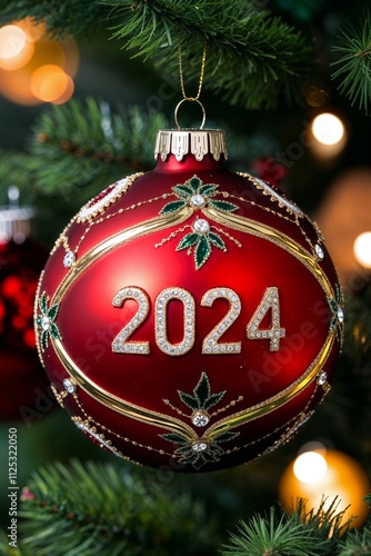 ornate red bauble with the writing 2024, close-up