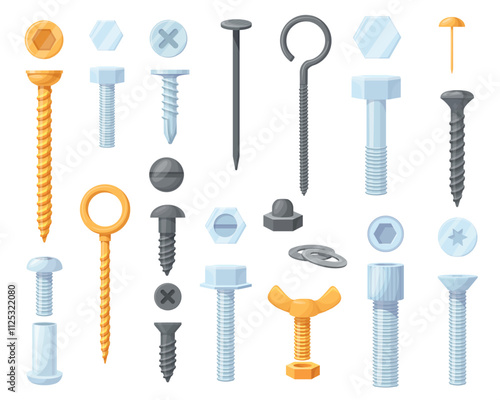 Cartoon bolts screws. Construction fasteners set, hook anchor steel nail nut round rivet metal screw silver bolt washer repair fix work stainless tools, neat vector illustration