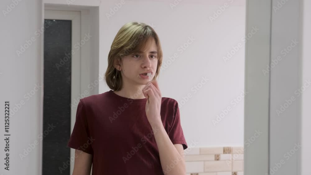 Young man brushing teeth in a bathroom, showcasing good oral hygiene and a healthy morning routine Young man brushing teeth in a bathroom, showcasing good oral hygiene and a healthy morning routine