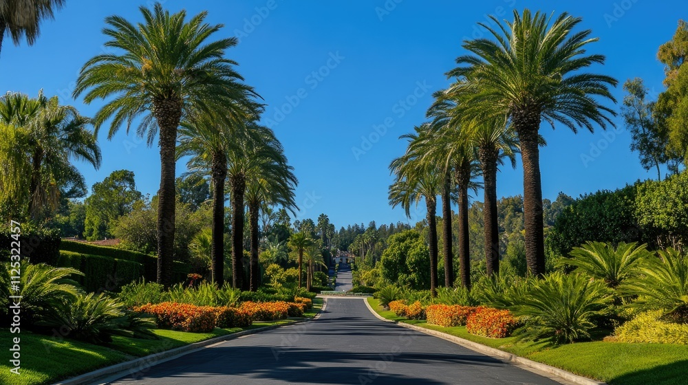 A wide driveway leading to a luxury mansion, bordered by palm trees and manicured gardens. A wide driveway leading to a luxury mansion, bordered by palm trees and manicured gardens.