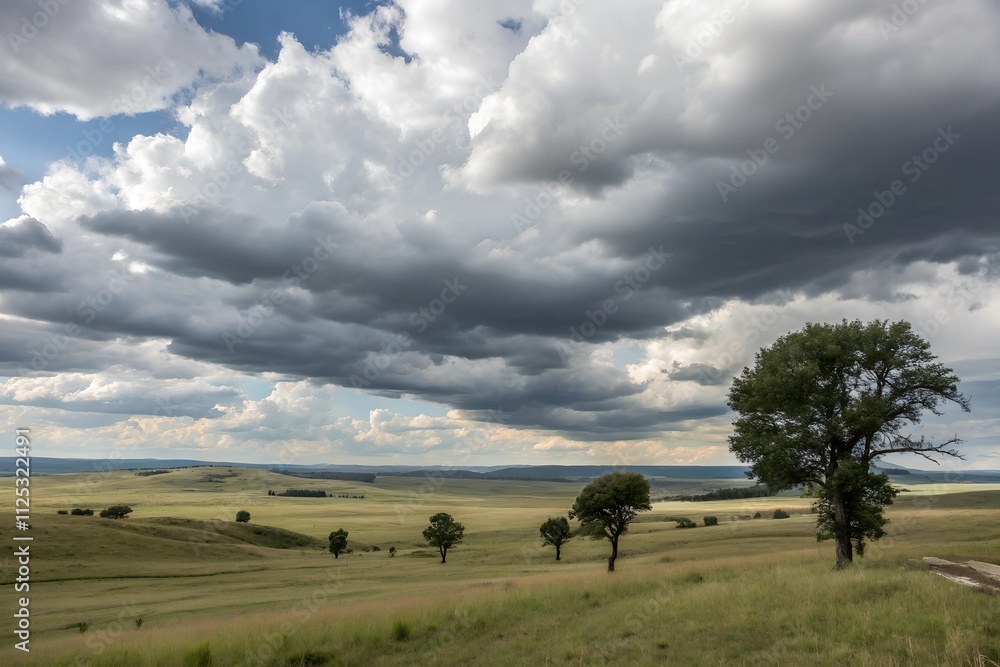 Obraz premium Dramatic Cloudy Sky Over Vast Plains and Rolling Landscape