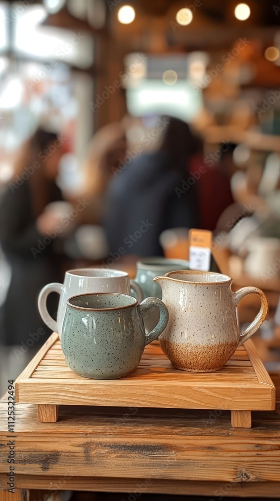 Handmade ceramic mugs on display. Handmade ceramic mugs on display.