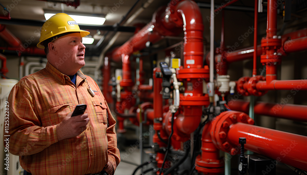 engineer in the fire protection pump room talking with walkie talkie checking and operate trouble shooting defective spray nozzle head valve at the red pipeline engineer in the fire protection pump room talking with walkie talkie checking and operate trouble shooting defective spray nozzle head valve at the red pipeline