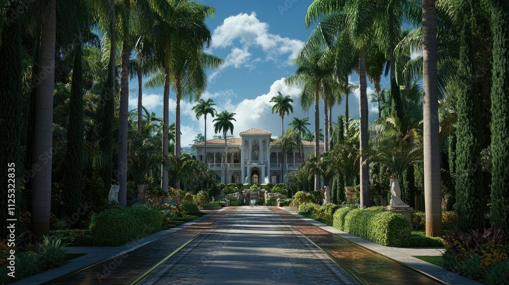 A wide driveway leading to a luxury mansion, bordered by palm trees and manicured gardens. A wide driveway leading to a luxury mansion, bordered by palm trees and manicured gardens.