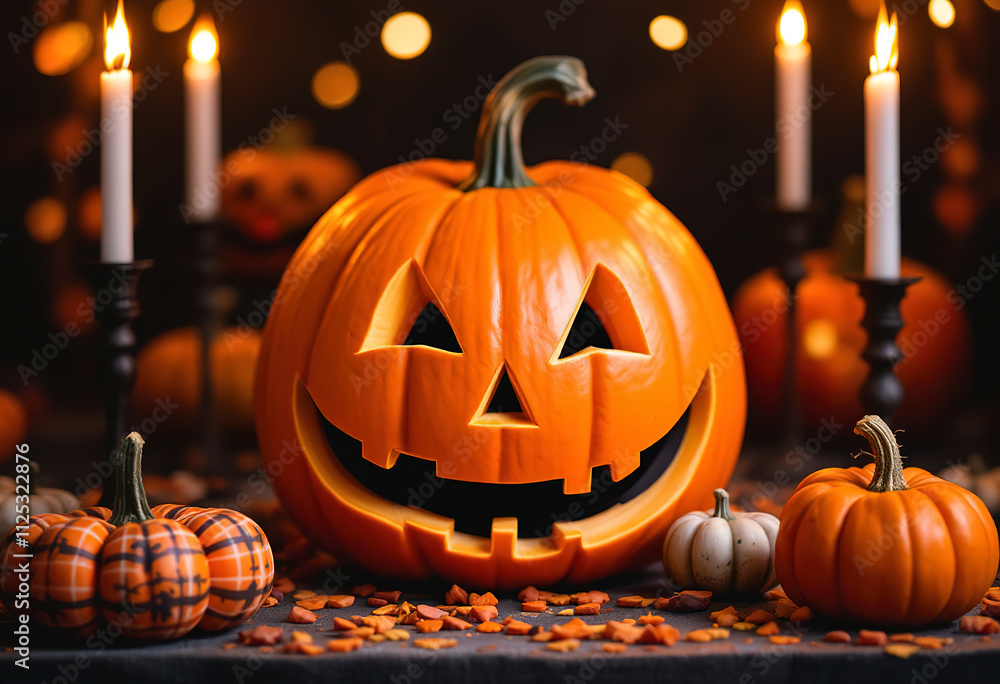 Fototapeta premium a festive Halloween setting with a large, carved pumpkin in the center.