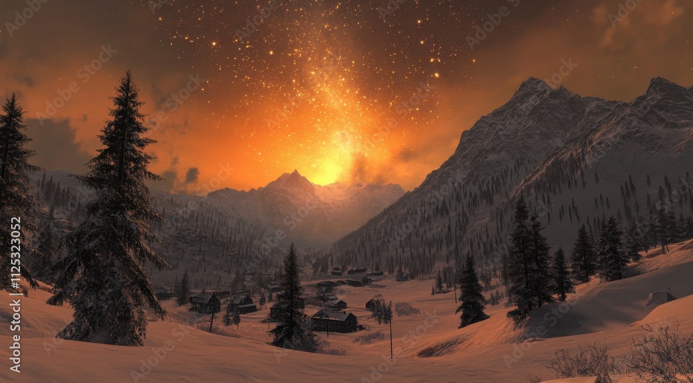 Fototapeta premium Beautiful Sunrise Over Snow-Capped Mountains with Starry Sky and Pine Forest