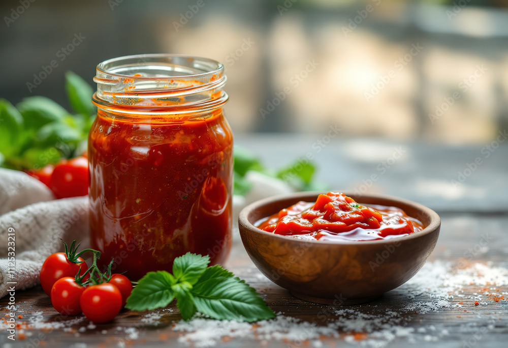 a glass jar filled with a red tomato sauce and a bowl of the same sauce a glass jar filled with a red tomato sauce and a bowl of the same sauce