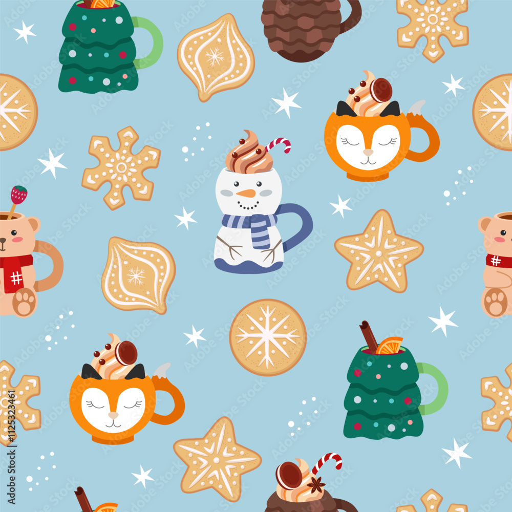 Fototapeta premium Christmas seamless pattern with cute cups with drinks, gingerbread cookies. Cute vector illustration