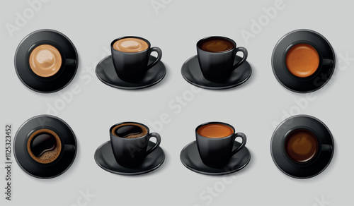Realistic coffee black cups. Americano porcelain mug, ceramic cup on saucer cappuccino hot coffe drink cocoa espresso mocha latte 3d caffeine mugs mockup exact vector illustration