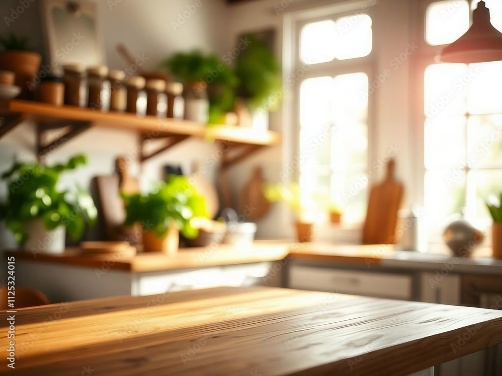 Green Empty wooden table with the bright white interior of the kitchen as a blurred background behind the bokeh golden Sunshine. Green Empty wooden table with the bright white interior of the kitchen as a blurred background behind the bokeh golden Sunshine.
