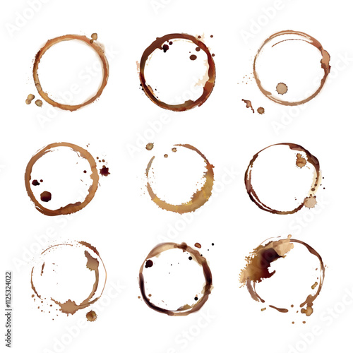 Realistic coffee stains. Cafe beverage cup ring splash circle stamps, dirty liquid watercolor mark mug wet stained spot caffeine splatter tea ring drip, exact vector illustration