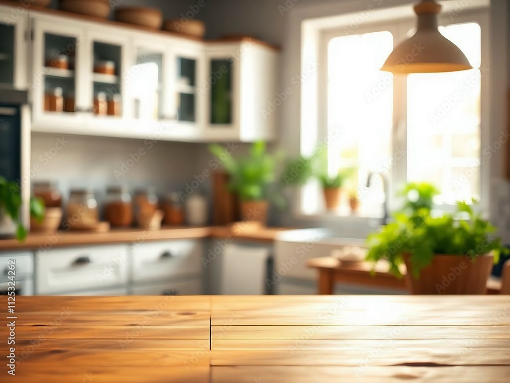 Green Empty wooden table with the bright white interior of the kitchen as a blurred background behind the bokeh golden Sunshine. Green Empty wooden table with the bright white interior of the kitchen as a blurred background behind the bokeh golden Sunshine.