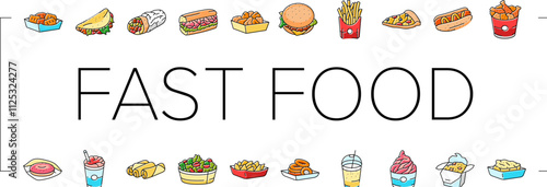 fast food burger hamburger pizza icons set vector. sandwich, meal lunch, drink snack, soda eat unhealthy, restaurant donut, junk taco fast food burger hamburger pizza color line illustrations