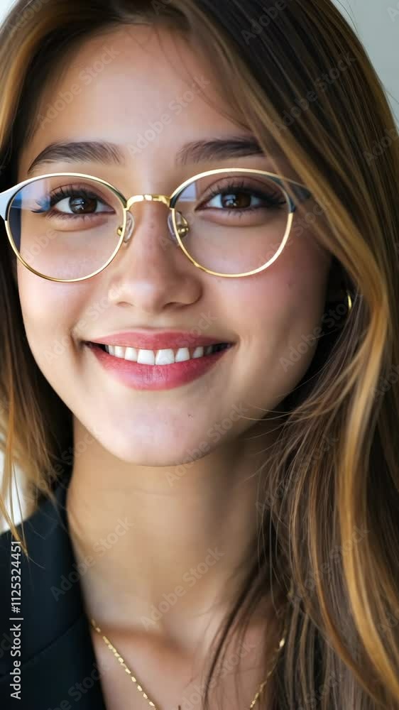 Smiling young woman with glasses posing confidently in a modern indoor setting during daylight Smiling young woman with glasses posing confidently in a modern indoor setting during daylight