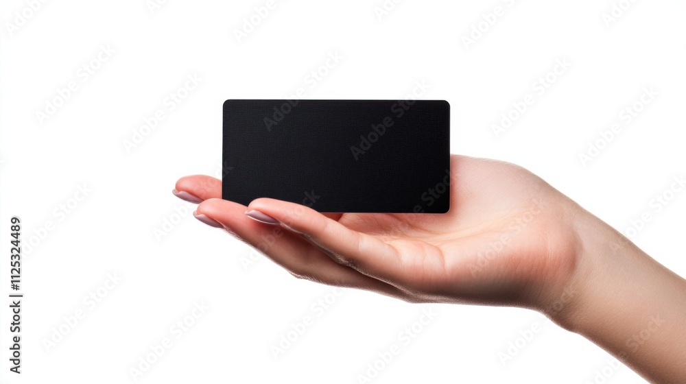 Close-up of a womans hand offering a blank black credit card on a plain white backdrop Close-up of a womans hand offering a blank black credit card on a plain white backdrop