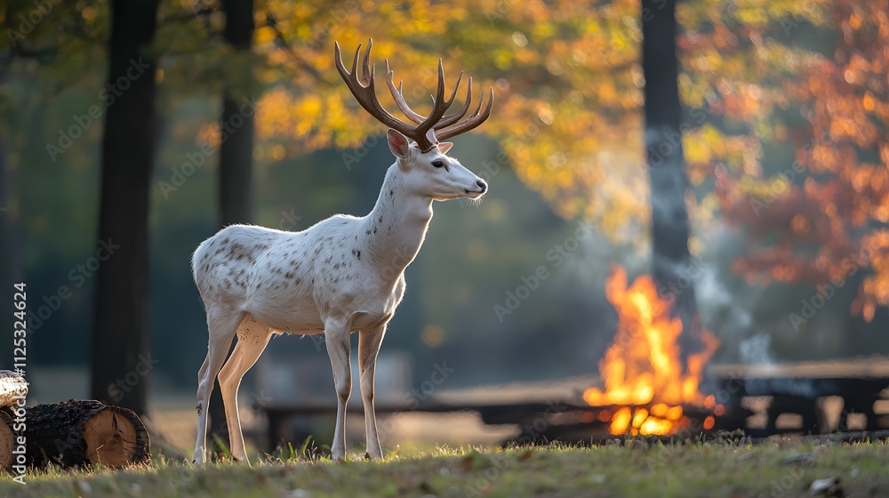 A majestic white deer with perfect antlers, and beautiful fire effects A majestic white deer with perfect antlers, and beautiful fire effects