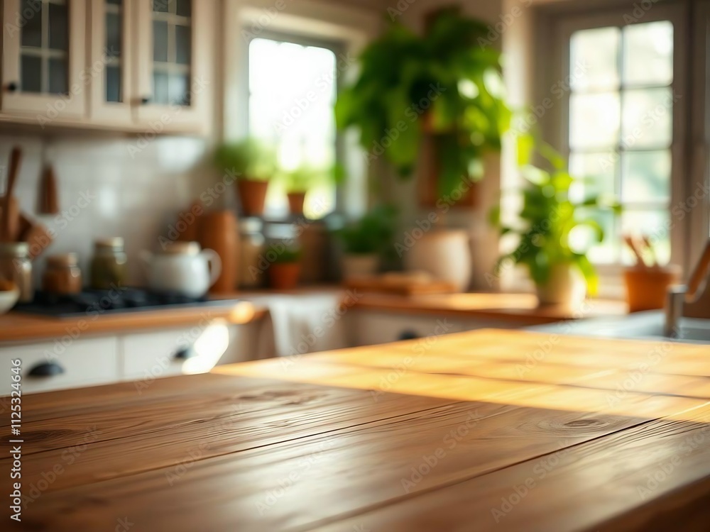 Green Empty wooden table with the bright white interior of the kitchen as a blurred background behind the bokeh golden Sunshine. Green Empty wooden table with the bright white interior of the kitchen as a blurred background behind the bokeh golden Sunshine.