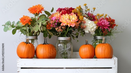 Wallpaper Mural Bright orange pumpkins on a white crate, surrounded by vibrant autumn flowers in mason jars Torontodigital.ca