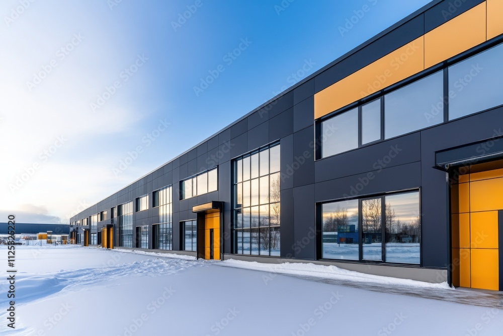 Minimalist black warehouse building with industrial design in serene winter setting featuring large windows and a smooth concrete courtyard Minimalist black warehouse building with industrial design in serene winter setting featuring large windows and a smooth concrete courtyard