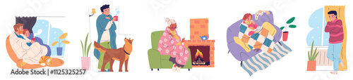 Freezing home people. Family shivering from cold in house, sick woman in warm clothes and man covered blanket or furnace plaid warming fireplace, classy winter vector illustration