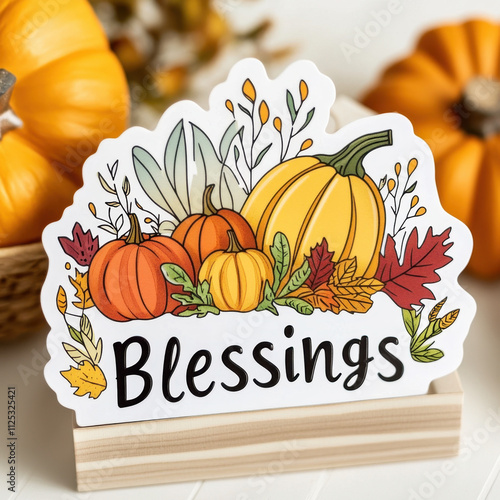 Colorful autumn-themed card with pumpkins and leaves, featuring the word 'Blessings' in bold. The vibrant design captures the essence of fall and gratitude. photo