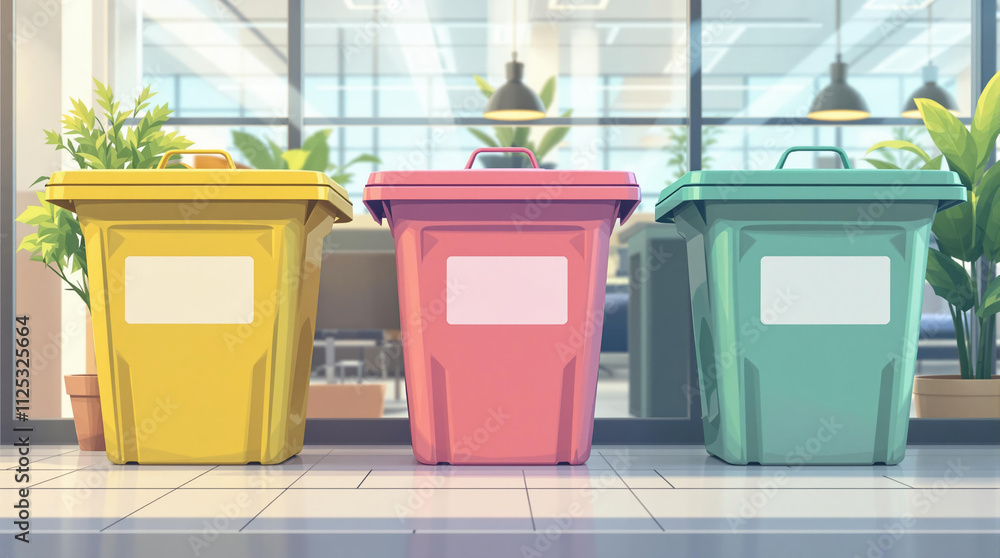 Colorful Recycling Bins with Clear Labels in a Brightly Lit Modern Office Spac Colorful Recycling Bins with Clear Labels in a Brightly Lit Modern Office Spac