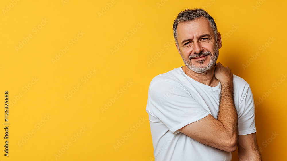 Casual older man with shoulder pain wearing white t-shirt isolated on a bright yellow background Casual older man with shoulder pain wearing white t-shirt isolated on a bright yellow background