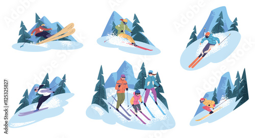 Skiers set. People ski freestyle winter sport, family skiing freeride extreme speed slalom downhill snow mountain slope skier rider action jump poses, classy vector illustration