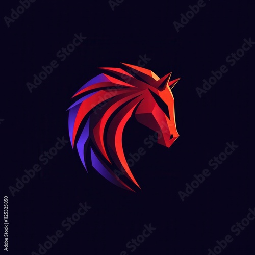 Abstract horse head logo, geometric design with vibrant red and purple colors against a dark background. photo