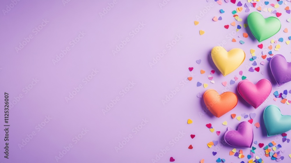 Flat lay of Pride-themed items with colorful paper hearts on a pastel lilac background with space for text or promotion Flat lay of Pride-themed items with colorful paper hearts on a pastel lilac background with space for text or promotion