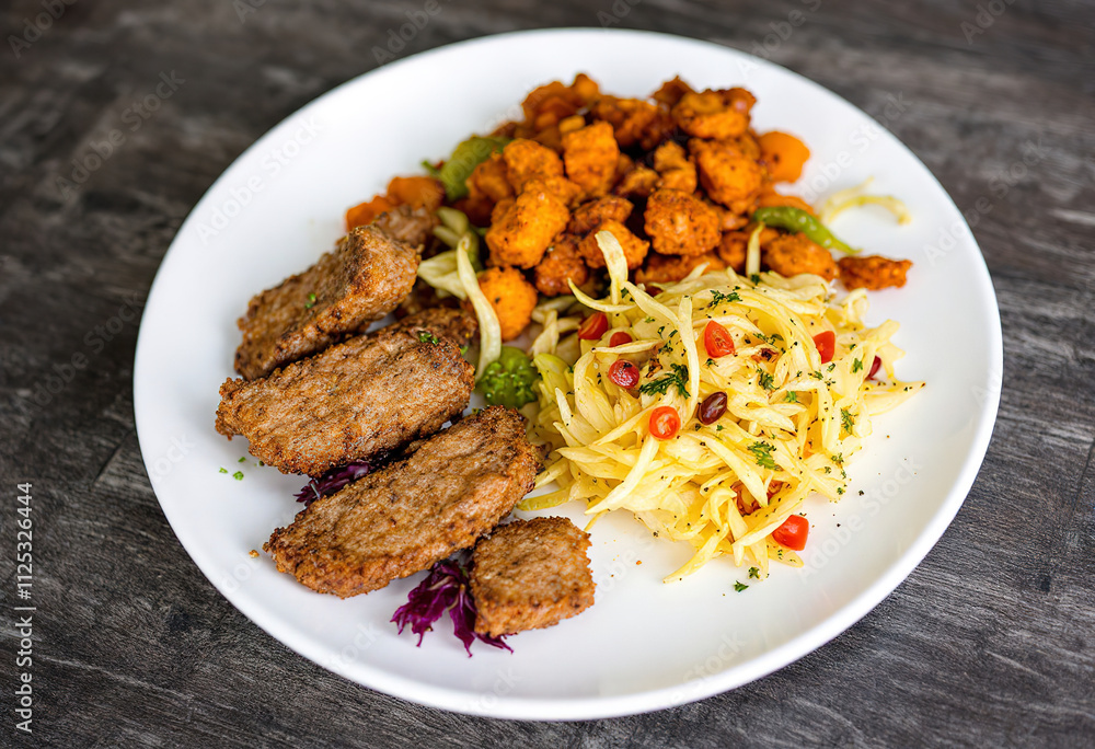 cooked fried cabbage with vegetables and fried meat in a plate cooked fried cabbage with vegetables and fried meat in a plate