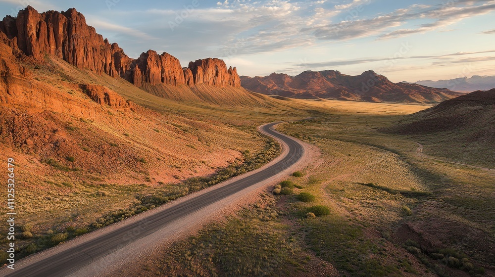 A winding road through red rock formations and grassy plains under a scenic sky at sunset. A winding road through red rock formations and grassy plains under a scenic sky at sunset.