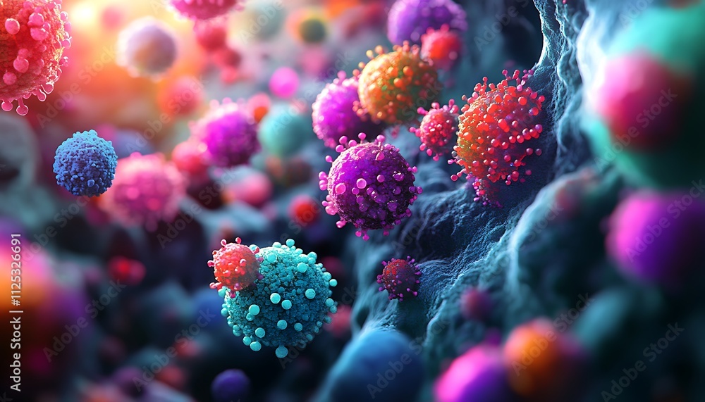 A creative visualization of the impact of cancer treatment featuring colorful cells transforming A creative visualization of the impact of cancer treatment featuring colorful cells transforming
