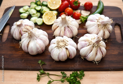 five heads of garlic on a cutting board with various vegetables