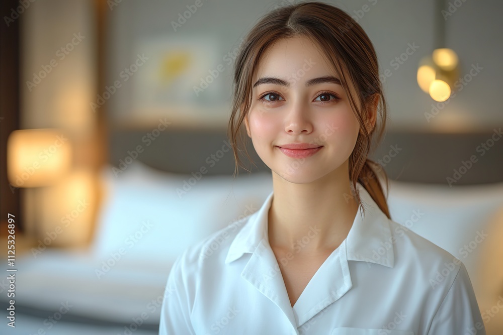 Portrait of smiling housekeeper wearing in white t-shirt in hotel room Portrait of smiling housekeeper wearing in white t-shirt in hotel room