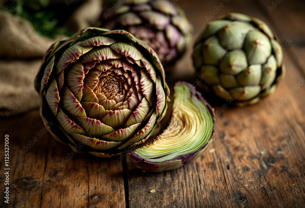 Obraz premium Fresh raw artichokes on the wooden background