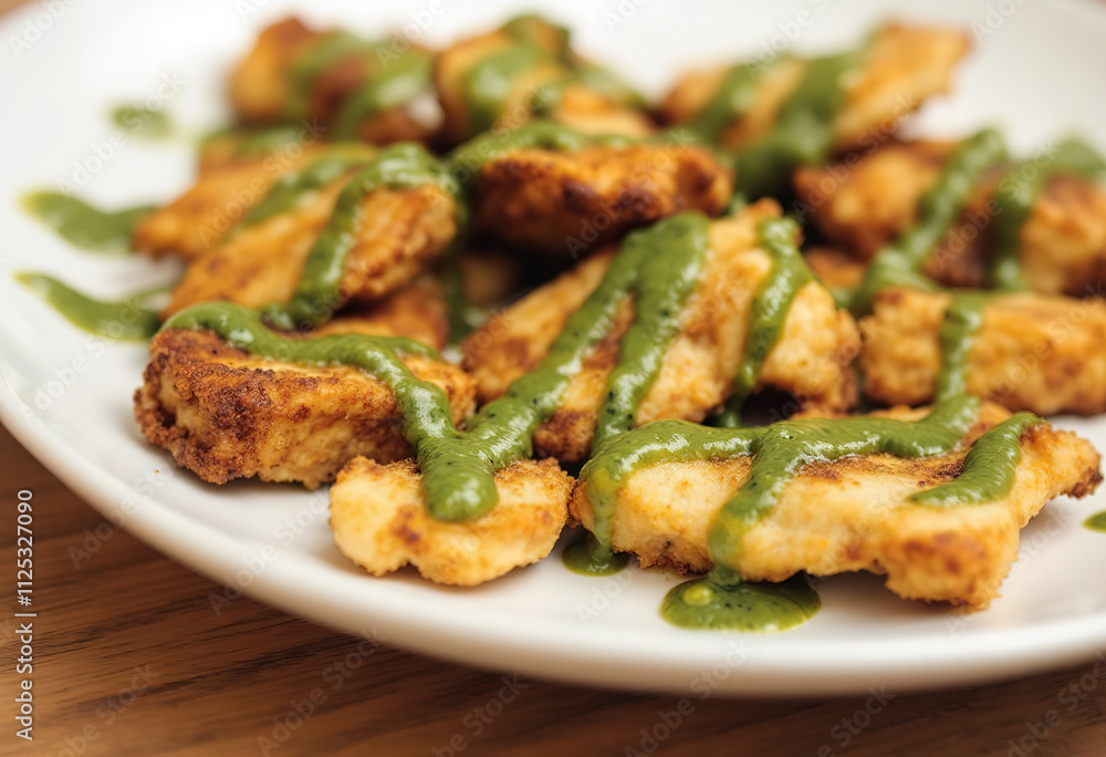 golden-brown chunks of fried fish on a plate, drizzled with a green basil sauce golden-brown chunks of fried fish on a plate, drizzled with a green basil sauce