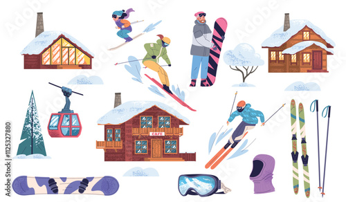 People ski resort. Family alpes mountain christmas tour winter vacation skiing snow outdoor sport, cable car lift skier skis equipment alpine rest cafe classy vector illustration